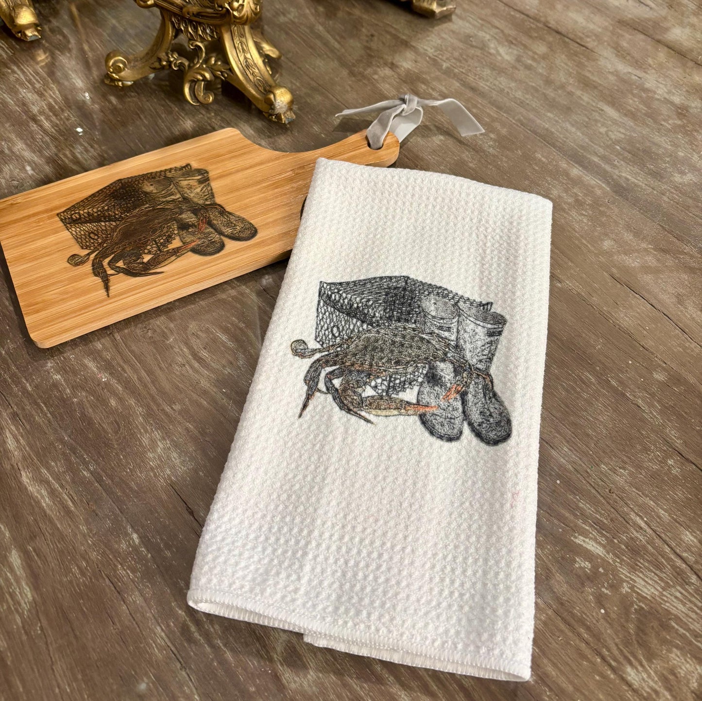 Customizable Bamboo Serving Board and Waffle Weave Towel Set - Crab Fisherman Motif