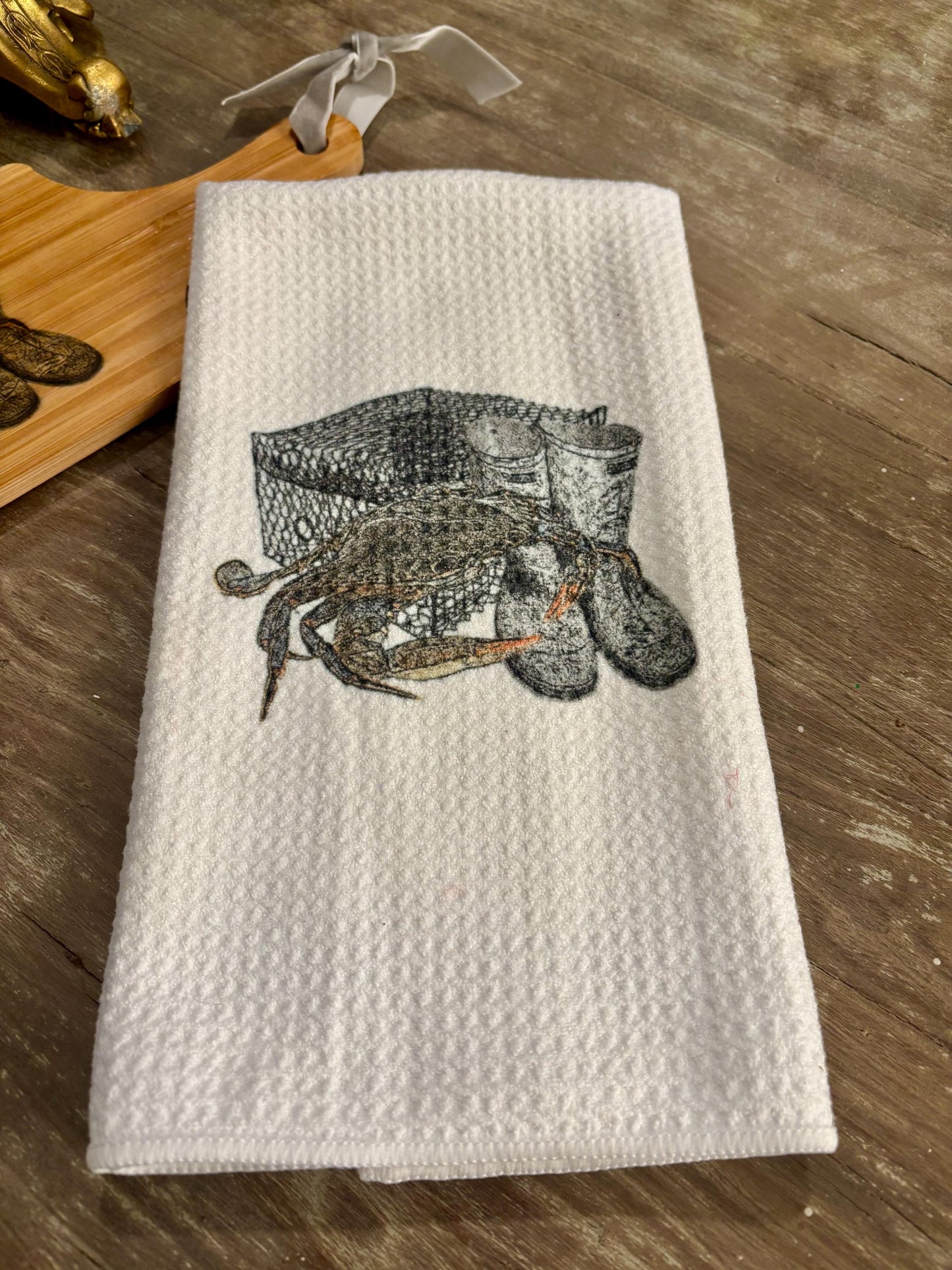 Customizable Bamboo Serving Board and Waffle Weave Towel Set - Crab Fisherman Motif