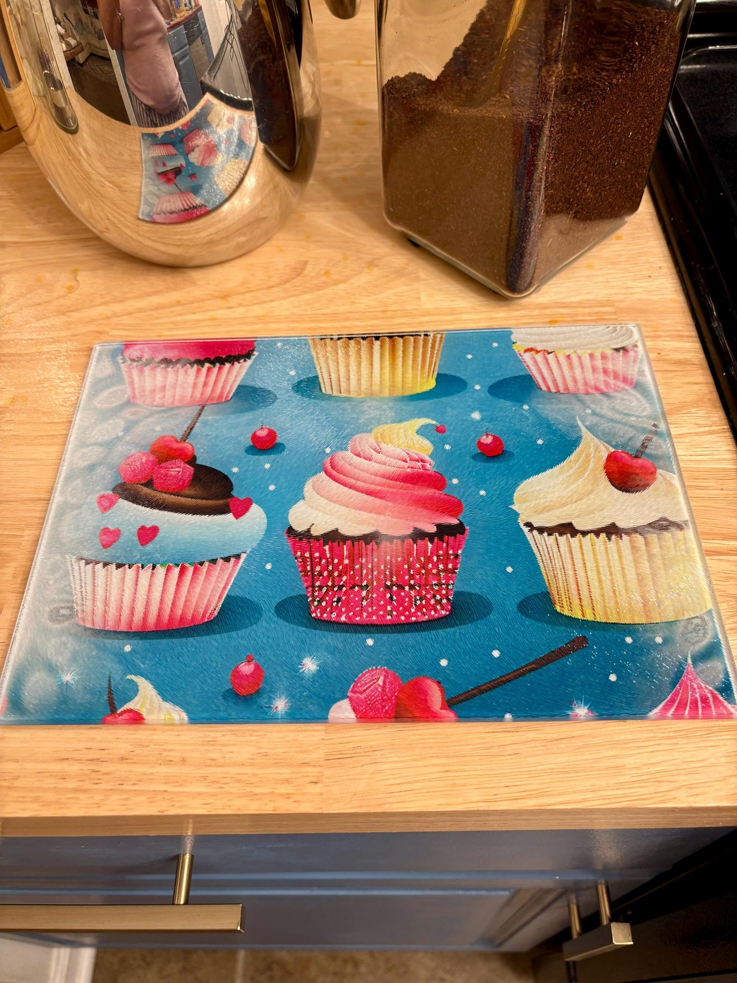 Glass Cutting Board | Sweet Treats in the Kitchen Cupcake Design Tempered Glass Cutting Board | Glass Chopping Board | Gift for Chef