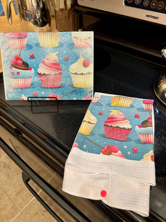 Glass Cutting Board | Sweet Treats in the Kitchen Cupcake Design Tempered Glass Cutting Board | Glass Chopping Board | Gift for Chef