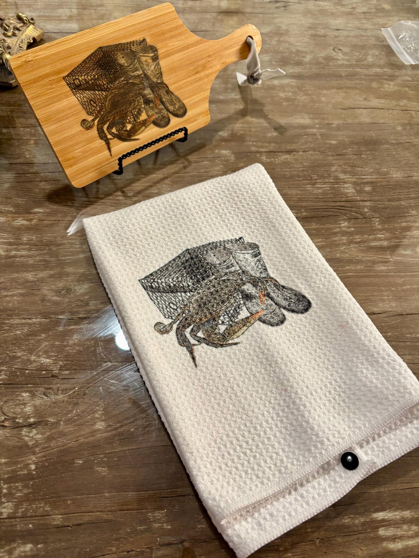 Customizable Bamboo Serving Board and Waffle Weave Towel Set - Crab Fisherman Motif