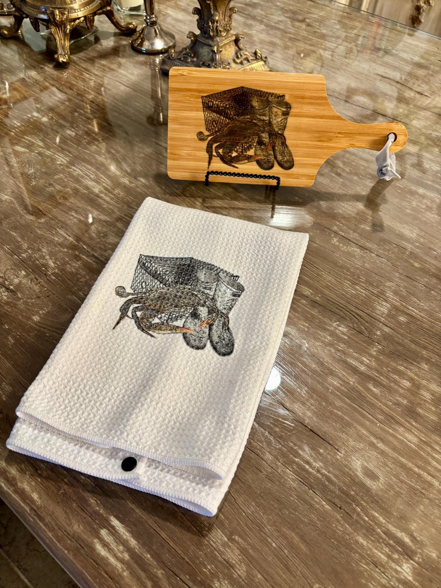 Customizable Bamboo Serving Board and Waffle Weave Towel Set - Crab Fisherman Motif