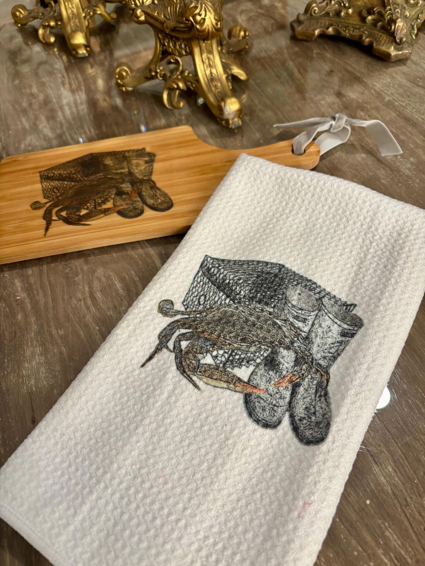 Customizable Bamboo Serving Board and Waffle Weave Towel Set - Crab Fisherman Motif