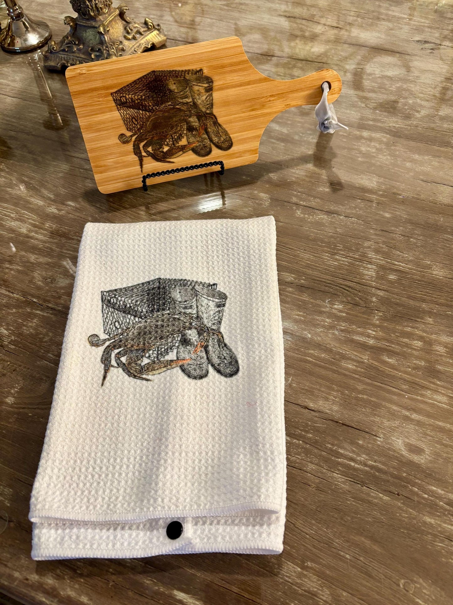 Customizable Bamboo Serving Board and Waffle Weave Towel Set - Crab Fisherman Motif